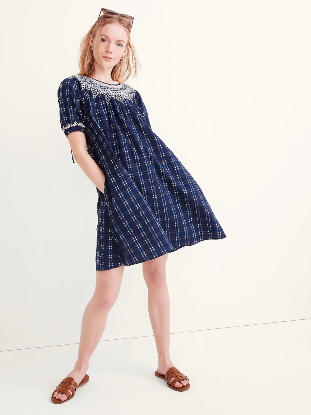 Madewell Embroidered Puff-Sleeve Babydoll Dress in Indigo Plaid - Picture 2 of 9